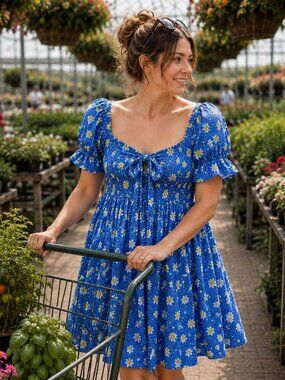 Draper James Jennifer Blue Floral Polka Dot Smocked Mini Dress XS Pockets